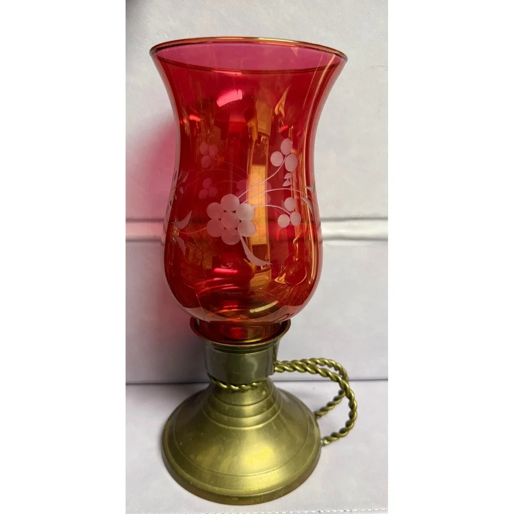 Vintage Cranberry Color Etched Glass Hurricane Candle Holder Brass Base 9.5
